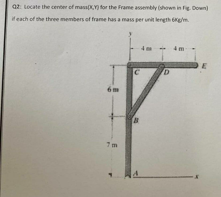 Q2: Locate the center of mass(X,Y) for the Frame assembly (shown in Fig. Down)
if each of the three members of frame has a mass per unit length 6Kg/m.
4 m
4 m
DE
6 m
7 m
