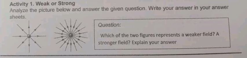 Activity 1. Weak or Strong
Analyze the picture below and answer the given question. Write your answer in your answer
sheets.
Question:
Which of the two figures represents a weaker field? A
stronger field? Explain your answer
