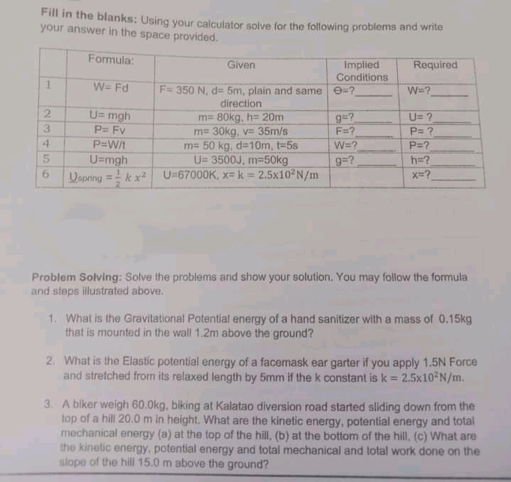 Fill in the blanks: Using your calculator solve for the following problems and wne
your answer in the space provided.
Formula:
Given
Implied
Required
Conditions
W= Fd
F= 350 N, d= 5m, plain and same e=?
direction
W=?
U= mgh
P= Fv
2.
m= 80kg, h= 20m
m= 30kg, v= 35m/s
m= 50 kg, d=10m, t-5s
U= 3500J, m-50kg
U-67000K, x- k 2.5x10 N/m
g=?
F=?
U= ?
P= ?
P=?
h=?
x=?
3.
4.
P=W/t
W=?
U=mgh
Uspring
%3D
Problem Solving: Solve the problems and show your solution. You may follow the formula
and steps illustrated above.
1. What is the Gravitational Potential energy of a hand sanitizer with a mass of 0.15kg
that is mounted in the wall 1.2m above the ground?
2. What is the Elastic potential energy of a facemask ear garter if you apply 1.5N Force
and stretched from its relaxed length by 5mm if the k constant is k = 2.5x10 N/m.
3. A biker weigh 60.0kg, biking at Kalatao diversion road started sliding down from the
top of a hill 20.0 m in height. What are the kinetic energy, potential energy and total
mechanical energy (a) at the top of the hill, (b) at the bottom of the hill, (c) What are
the kinetic energy, potential energy and total mechanical and total work done on the
slope of the hill 15.0 m above the ground?
55
