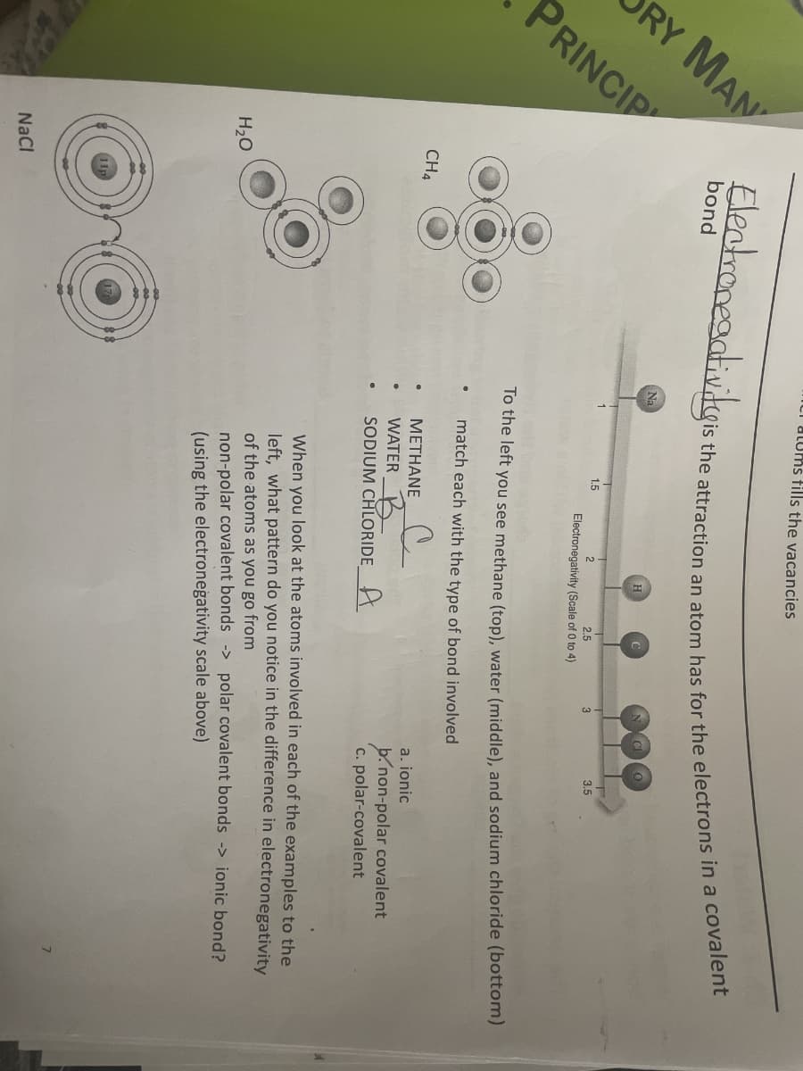 RY MAN
PRINCIP
CH4
H₂O
NaCl
bond
Electronegativity is
Calums fills the vacancies
Na
●
the attraction an atom has for the electrons in a covalent
1.5
H
T
2
2.5
Electronegativity (Scale of 0 to 4)
3
METHANE
WATER
SODIUM CHLORIDE A
C
0
To the left you see methane (top), water (middle), and sodium chloride (bottom)
match each with the type of bond involved
3.5
a. ionic
b. non-polar covalent
c. polar-covalent
When you look at the atoms involved in each of the examples to the
left, what pattern do you notice in the difference in electronegativity
of the atoms as you go from
non-polar covalent bonds ->polar covalent bonds -> ionic bond?
(using the electronegativity scale above)