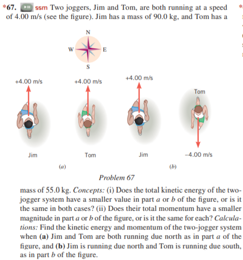 *67. ssm Two joggers, Jim and Tom, are both running at a speed
of 4.00 m/s (see the figure). Jim has a mass of 90.0 kg, and Tom has a
N
+4.00 m/s
+4.00 m/s
+4.00 m/s
Tom
Jim
Tom
Jim
-4.00 m/s
(a)
(b)
Problem 67
mass of 55.0 kg. Concepts: (i) Does the total kinetic energy of the two-
jogger system have a smaller value in part a or b of the figure, or is it
the same in both cases? (ii) Does their total momentum have a smaller
magnitude in part a or b of the figure, or is it the same for each? Calcula-
tions: Find the kinetic energy and momentum of the two-jogger system
when (a) Jim and Tom are both running due north as in part a of the
figure, and (b) Jim is running due north and Tom is running due south,
as in part b of the figure.
