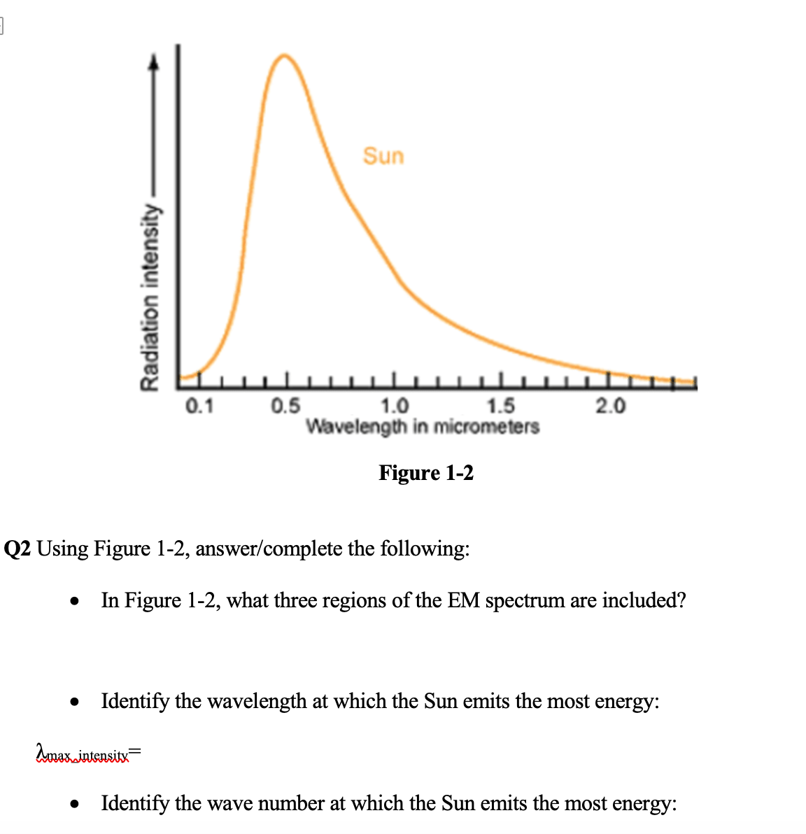 Sun
0.5 1.0 1.5
Wavelength in micrometers
0.1
2.0
Figure 1-2
Q2 Using Figure 1-2, answer/complete the following:
In Figure 1-2, what three regions of the EM spectrum are included?
• Identify the wavelength at which the Sun emits the most energy:
Amax.iatensitx
Identify the wave number at which the Sun emits the most energy:
Radiation intensity
