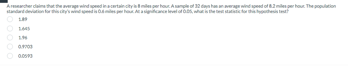 A researcher claims that the average wind speed in a certain city is 8 miles per hour. A sample of 32 days has an average wind speed of 8.2 miles per hour. The population
standard deviation for this city's wind speed is 0.6 miles per hour. At a significance level of 0.05, what is the test statistic for this hypothesis test?
00000
1.89
1.645
1.96
0.9703
0.0593