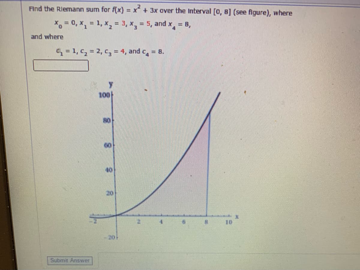 Find the Rlemann sum for f(x) = x + 3x over the Interval [0, 8] (see figure), where
X = 0, x = 1, x, = 3, x, = 5, and x, = 8,
%3D
and where
= 1, c, = 2, c = 4, and c, = 8.
100
40
20
10
20-
Submit Answer
