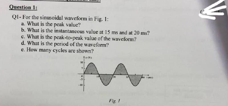 Question 1:
Q1- For the sinusoidal waveform in Fig. 1:
a. What is the peak value?
b. What is the instantaneous value at 15 ms and at 20 ms?
c. What is the peak-to-peak value of the waveform?
d. What is the period of the waveform?
e. How many cycles are shown?
v (V)
10
20
40(ms)
Fig. 1
5
0
-5
-10
10
V