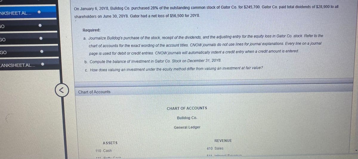 On January 6, 20Y8, Bulldog Co. purchased 28% of the outstanding common stock of Gator Co. for $245,700. Gator Co. paid total dividends of $28,900 to all
NKSHEET.AL...
shareholders on June 30, 20Y8. Gator had a net loss of $56,500 for 20Y8.
SO
Required:
GO
a. Journalize Bulldog's purchase of the stock, receipt of the dividends, and the adjusting entry for the equity loss in Gator Co. stock. Refer to the
chart of accounts for the exact wording of the account titles. CNOW journals do not use lines for journal explanations. Every line on a journal
GO
page is used for debit or credit entries. CNOW journals will automatically indent a credit entry when a credit amount is entered.
b. Compute the balance of Investment in Gator Co. Stock on December 31, 20Y8.
LANKSHEET.AL...
c. How does valuing an investment under the equity method differ from valuing an investment at fair value?
Chart of Accounts
CHART OF ACCOUNTS
Bulldog Co.
General Ledger
REVENUE
ASSETS
410 Sales
110 Cash
611
444
Dntti Cach
