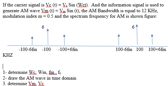 If the carrier signal is Vs (t) = Ve Sin (Wst). And the information signal is used to
generate AM wave Vm (t) = Vm Sin (t), the AM Bandwidth is equal to 12 KHz,
modulation index m = 0.5 and the spectrum frequency for AM is shown figure:
6
-100-6fm -100
-100+6fm
100-6fm 100 100+6fm
KHZ
|
1- determine Wc. Wm, fm. fe
2- draw the AM wave in time domain
3. determine Vm. Vc
