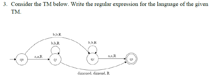 3. Consider the TM below. Write the regular expression for the language of the given
TM.
b,b,R
b₂b.R
go
પુર
q³
dimonod, dimond, R
8
a,a.R
b.b.R
9¹
a,a,R