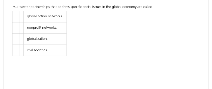 Multisector partnerships that address specific social issues in the global economy are called
global action networks.
nonprofit networks.
globalization.
civil societies