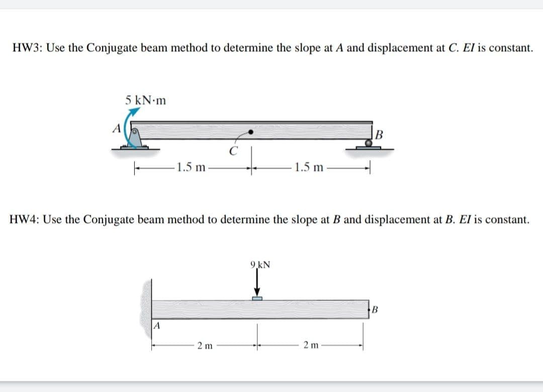 HW3: Use the Conjugate beam method to determine the slope at A and displacement at C. El is constant.
5 kN.m
B
1.5 m
1.5 m
HW4: Use the Conjugate beam method to determine the slope at B and displacement at B. El is constant.
9.kN
B
A
2 m
2 m