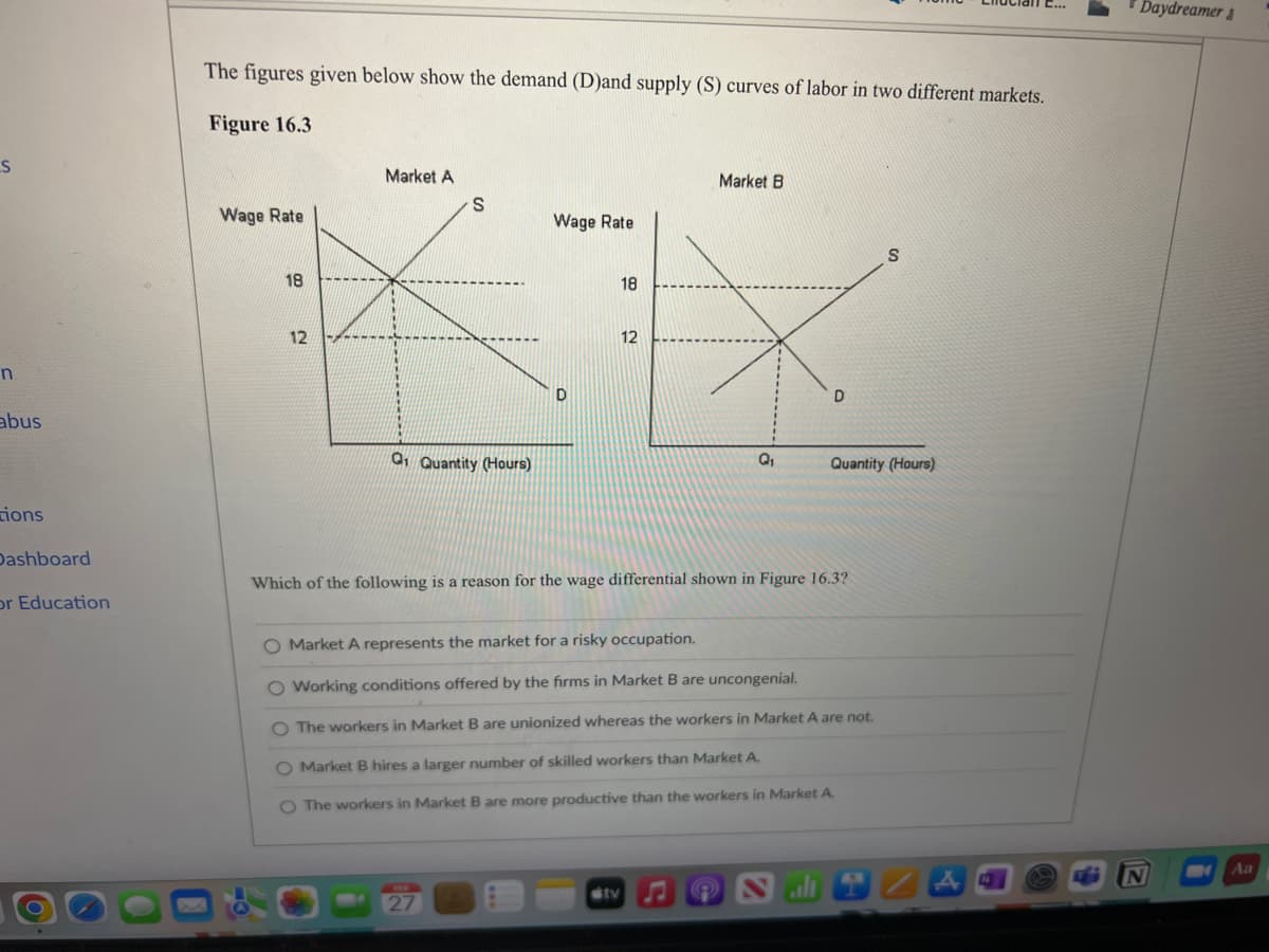 S
n
abus
tions
Dashboard
or Education
The figures given below show the demand (D)and supply (S) curves of labor in two different markets.
Figure 16.3
Wage Rate
18
12
Market A
S
Q₁ Quantity (Hours)
Wage Rate
27
D
18
12
#tv
Market B
Q₁
D
Which of the following is a reason for the wage differential shown in Figure 16.3?
Quantity (Hours)
O Market A represents the market for a risky occupation.
O Working conditions offered by the firms in Market B are uncongenial.
O The workers in Market B are unionized whereas the workers in Market A are not.
O Market B hires a larger number of skilled workers than Market A.
O The workers in Market B are more productive than the workers in Market A.
AQ
Daydreamer
Aa