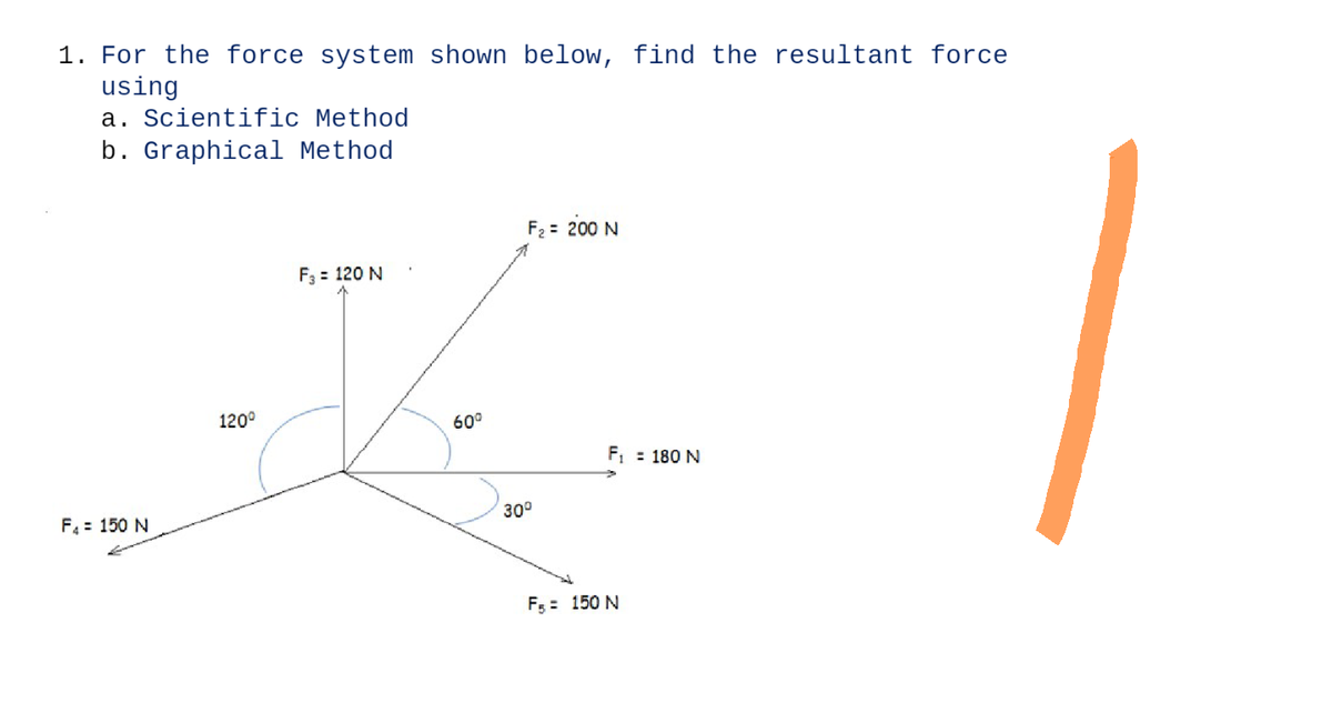 1. For the force system shown below, find the resultant force
using
a. Scientific Method
b. Graphical Method
F₁ = 150 N
120⁰
F3 = 120 N
60⁰
F₂ = 200 N
30⁰
F₁ = 180 N
F5 = 150 N