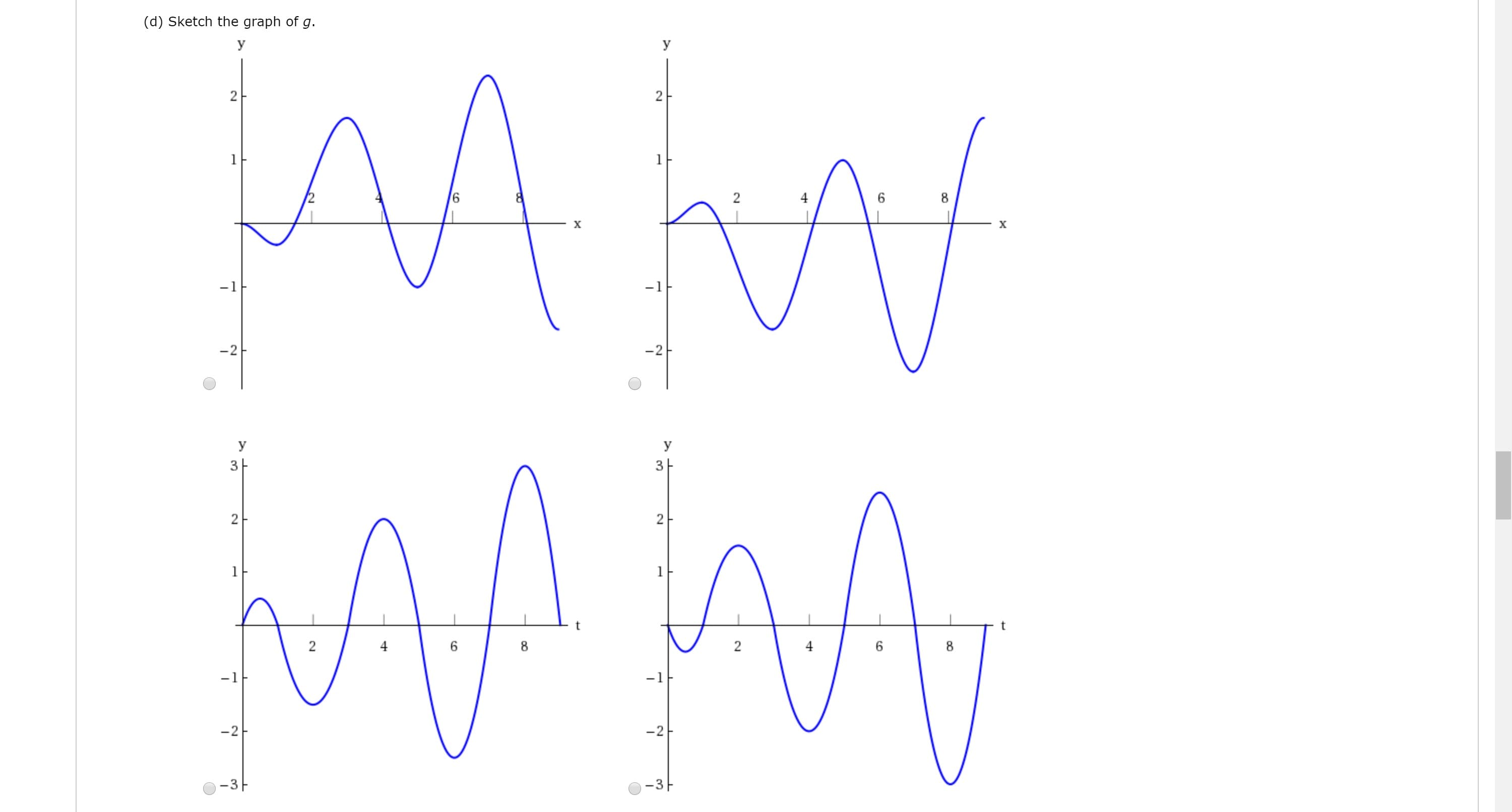 (d) Sketch the graph of g.
У
A
2
1
6
8
х
х
-1
-1
-2
-2
У
У
3아
2
4
6.
4
-1
-1
-2
-2-
-3|
-3-
