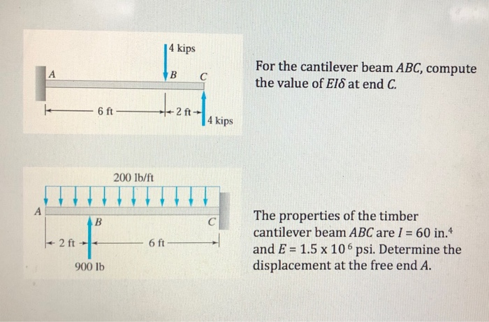 4 kips
For the cantilever beam ABC, compute
B
C
the value of EI8 at end C.
- 6 ft
4 kips
200 lb/ft
The properties of the timber
cantilever beam ABC are I = 60 in.
and E = 1.5 x 106 psi. Determine the
displacement at the free end A.
A
%3D
+ 2 ft
6 ft
900 lb
