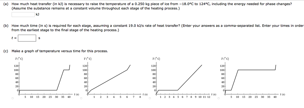 (a) How much heat transfer (in kJ) is necessary to raise the temperature of a 0.250 kg piece of ice from -18.0°C to 124°C, including the energy needed for phase changes?
(Assume the substance remains at a constant volume throughout each stage of the heating process.)
kJ
(b) How much time (in s) is required for each stage, assuming a constant 19.0 kJ/s rate of heat transfer? (Enter your answers as a comma-separated list. Enter your times in order
from the earliest stage to the final stage of the heating process.)
t =
(c) Make a graph of temperature versus time for this process.
T(°C)
T(°C)
O
120
100
80
60
40
20
S
0
T(°C)
120
100
80
60
spur
40
20
0
5 10 15 20 25 30 35 40
t (s)
O
120
100
80
60
40
20
OF
1 2 3 4 5 6 7 8
t (s)
1 2 3 4 5 6 7 8 9 10 11 12
t (s)
O
T(°C)
120
100
80
60
40
20
0
5 10
15
20
25
30
35
40
t (s)