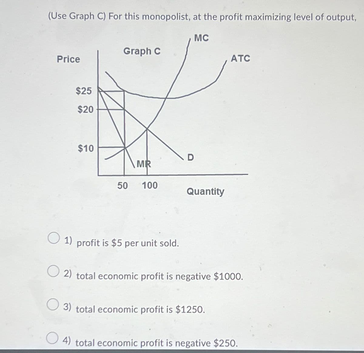 (Use Graph C) For this monopolist, at the profit maximizing level of output,
MC
Graph C
Price
ATC
$25
$20
$10
D
MR
50
100
Quantity
1) profit is $5 per unit sold.
2) total economic profit is negative $1000.
○ 3) total economic profit is $1250.
4) total economic profit is negative $250.