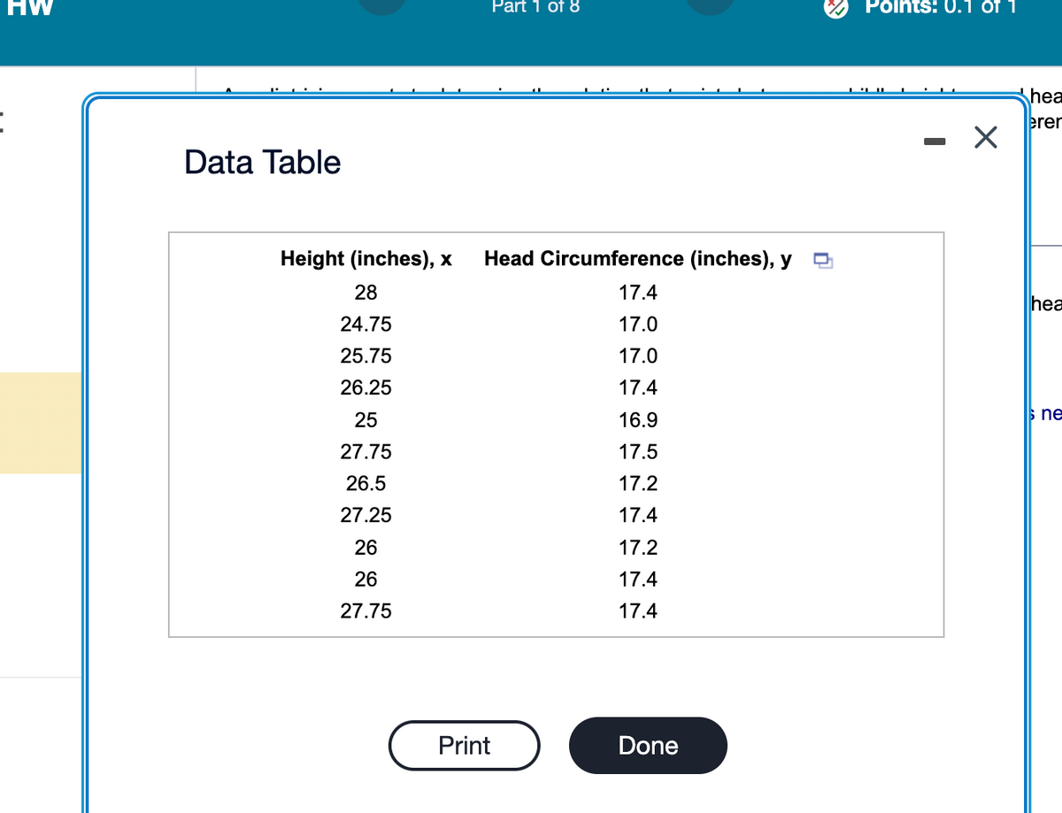 HW
Data Table
Part 1 of 8
Points: 0.1 of 1
་ ་་ ་་
-
☑
hea
eren
Height (inches), x
Head Circumference (inches), y
☐
28
17.4
hea
24.75
17.0
25.75
17.0
26.25
17.4
25
16.9
ne
27.75
17.5
26.5
17.2
27.25
17.4
26
17.2
26
17.4
27.75
17.4
Print
Done