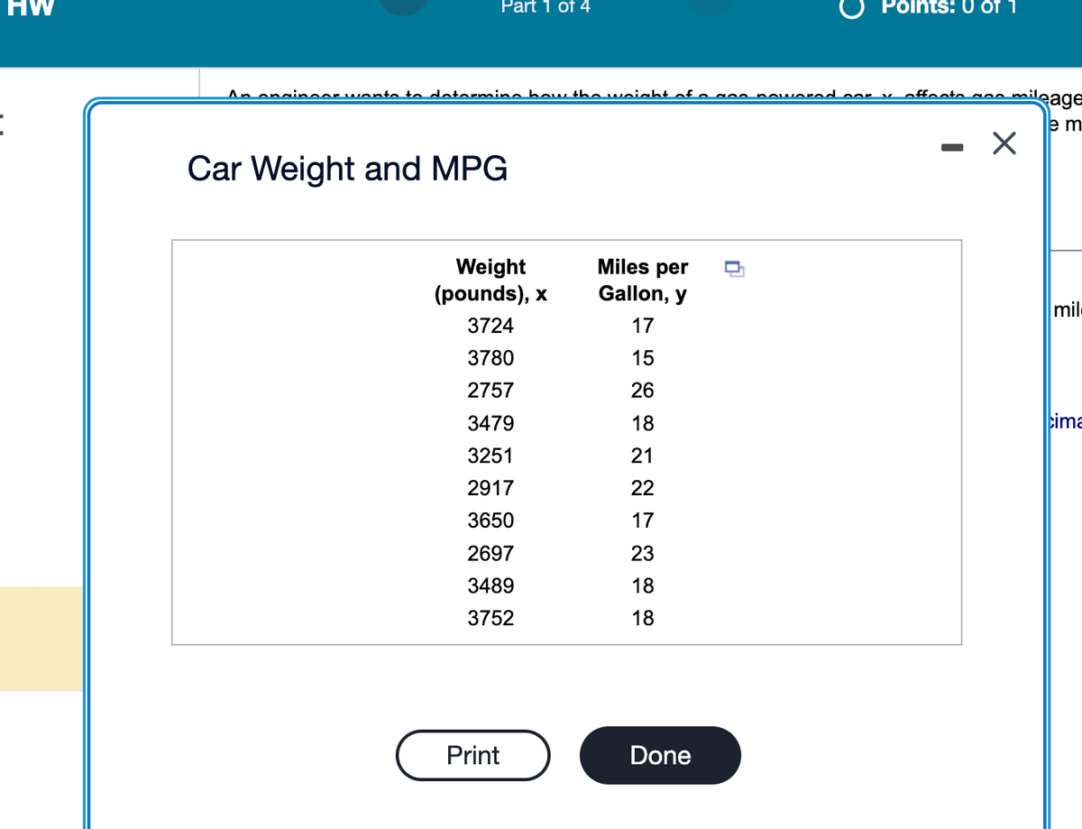 HW
Part 1 of 4
Points: 0 of 1
An engineer wants to determine how the weight of a man nowarad cor v. affecte mileage
Car Weight and MPG
-
☑
e m
Weight
(pounds), x
Miles per
Gallon, y
3724
17
3780
15
2757
3479
3251
2917
3650
2697
3489
3752
TONNNN
26
18
21
22
17
23
18
18
Print
Done
mil
cima