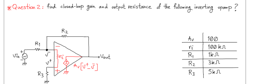 *Question 2: find closed-loop gain and output resistance of the following inverting opamp?
Vin
R₁
R3
R₂
m
zr₂
• Vout
Av[ut_√]
Av
ri
R₁
R₂
R3
100
100 kr
1k
3kJ
5k