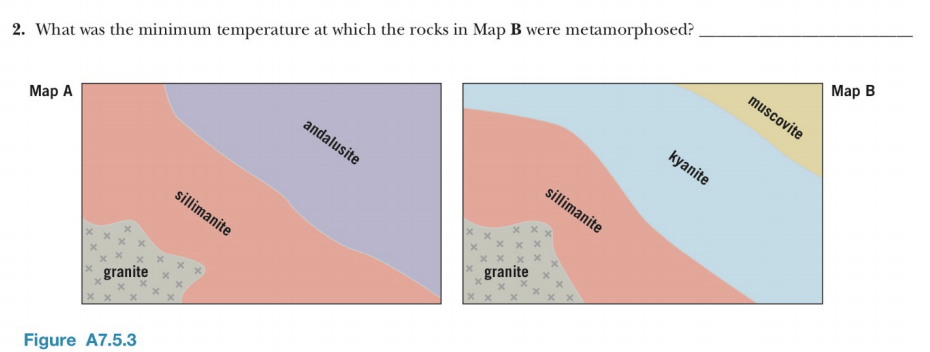 2. What was the minimum temperature at which the rocks in Map B were metamorphosed?
andalusite
Мaр В
muscovite
kyanite
sillimanite
Мар А
granite
sillimanite
granite
Figure A7.5.3
