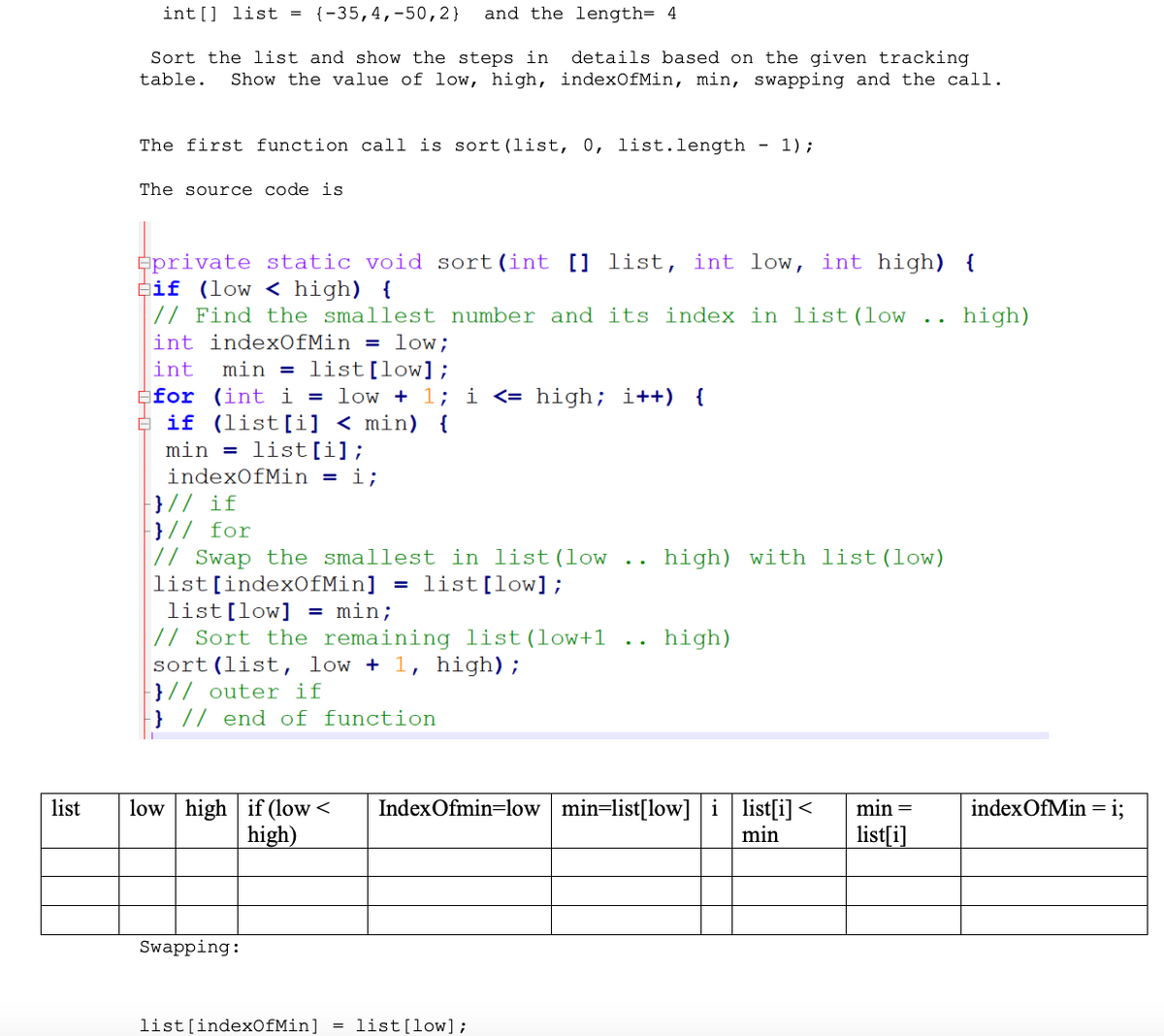 int[] list = {-35,4,-50,2}
and the length= 4
details based on the given tracking
Show the value of low, high, indexOfMin, min, swapping and the call.
Sort the list and show the steps in
table.
The first function call is sort(list, 0, list.length - 1);
The source code is
eprivate static void sort(int [] list, int low, int high) {
if (low < high) {
// Find the smallest number and its index in list(low .. high)
int indexOfMin = low;
int
min = list[low];
for (int i = low + 1; i <= high; i++) {
e if (list[i] < min) {
min = list[i];
indexOfMin = i;
}// if
}// for
// Swap the smallest in list(low ..
list[indexOfMin]
list[low] = min;
// Sort the remaining list(low+1
sort(list, low + 1, high);
}// outer if
} // end of function
high) with list(low)
list[low];
high)
low high if (low <
high)
IndexOfmin=low min=list[low]i list[i] <
min
list
min =
indexOfMin = i;
list[i]
Swapping:
list[indexOfMin]
list[low];
