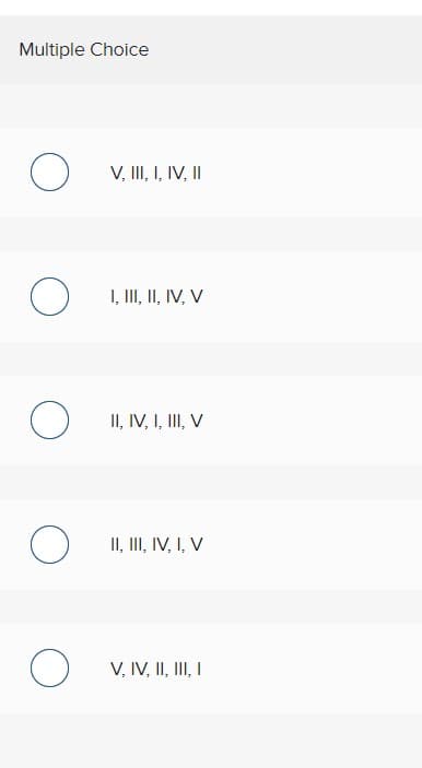 Multiple Choice
V, II, I, IV, II
I, III, II, IV, V
II, IV, I, III, V
II, III, IV, I, V
V, IV, II, III, I
