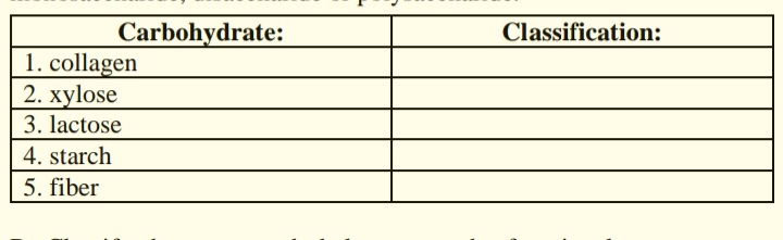 Carbohydrate:
Classification:
1. collagen
2. хуlose
3. lactose
4. starch
5. fiber
