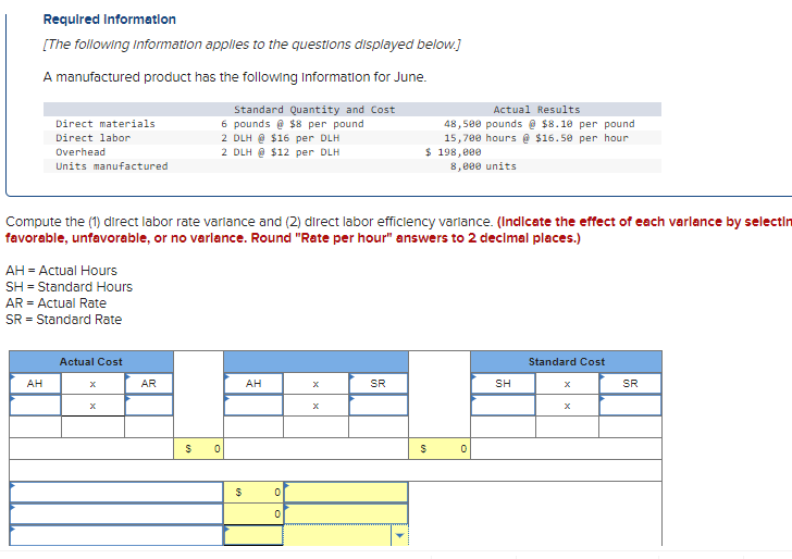 Required Information
[The following information applies to the questions displayed below.]
A manufactured product has the following information for June.
Standard Quantity and Cost
6 pounds @ $8 per pound
2 DLH @ $16 per DLH
2 DLH @ $12 per DLH
Direct materials
Direct labor
Overhead
Units manufactured
AH
Compute the (1) direct labor rate variance and (2) direct labor efficiency variance. (Indicate the effect of each varlance by selectin
favorable, unfavorable, or no varlance. Round "Rate per hour" answers to 2 decimal places.)
AH = Actual Hours
SH - Standard Hours
AR = Actual Rate
SR = Standard Rate
Actual Cost
X
X
AR
$
0
$
AH
0
0
X
X
Actual Results
48,500 pounds @ $8.10 per pound
15,700 hours @ $16.50 per hour
$ 198,000
8,000 units
SR
$
0
SH
Standard Cost
X
X
SR