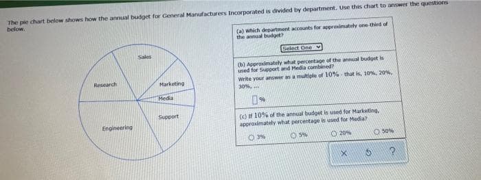 The ple chart below shows how the annual budget for General Manufacturers Incorporated is divided by department. Use this chart to answer the questions
below..
Research
Engineering
Sales
Marketing
Media
Support
(a) which department accounts for approximately one-third of
the annual budget?
Select One
(b) Approximately what percentage of the annual budget is
used for Support and Media combined?
Write your answer as a multiple of 10% that is, 10%, 20%,
30%...
(c) If 10% of the annual budget is used for Marketing,
approximately what percentage is used for Media?
03%
5%
20%
X
6
50%
?