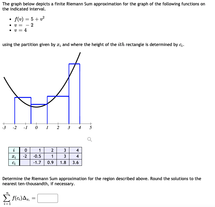 The graph below depicts a finite Riemann Sum approximation for the graph of the following functions on
the indicated interval.
• f(v) = 5 + v?
• v = - 2
• v = 4
using the partition given by æ; and where the height of the ith rectangle is determined by c.
-3
-2
-1 0
1
2
4
5
i
1
2
3
4
-2
-0.5
1
3
4
Ci
-1.7
0.9
1.8
3.6
Determine the Riemann Sum approximation for the region described above. Round the solutions to the
nearest ten-thousandth, if necessary.
E
f(c;)Az, =
i=1
3.
