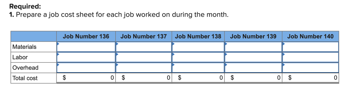 Required:
1. Prepare a job cost sheet for each job worked on during the month.
Materials
Labor
Overhead
Total cost
▶
Job Number 136 Job Number 137 Job Number 138 Job Number 139 Job Number 140
0
0
0
0
0