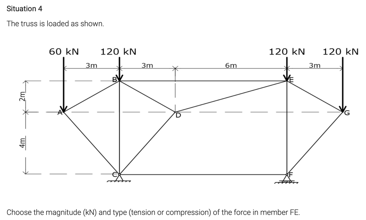 Situation 4
The truss is loaded as shown.
60 kN
120 kN
120 kN
120 kN
3m
3m
6m
3m
Choose the magnitude (kN) and type (tension or compression) of the force in member FE.
4m
