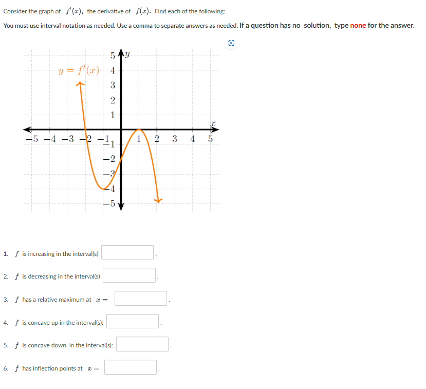 Consider the graph of f(x), the derivative of f(x). Find each of the following:
You must use interval notation as needed. Use a comma to separate answers as needed. If a question has no solution, type none for the answer.
y = f'(x) 4
3
2
1. f is increasing in the interval(s)
2. f is decreasing in the interval(s)
-5 -4 -3 -2 -11
-2
3. f has a relative maximum at x =
5Ay
4. f is concave up in the interval(s):
11
6. f has inflection points at x =
1
-4
-5-
5. f is concave down in the interval(s):
1
2
3
4
10