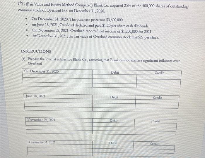 #2. (Fair Value and Equity Method Compared) Blank Co. acquired 25% of the 500,000 shares of outstanding
common stock of Overload Inc. on December 31, 2020.
.
.
●
.
On December 31, 2020. The purchase price was $3,600,000.
on June 18, 2021, Overload declared and paid $1.20 per share cash dividends.
On November 29, 2021. Overload reported net income of $1,200,000 for 2021.
At December 31, 2021, the fair value of Overload common stock was $27 per share.
INSTRUCTIONS
(2) Prepare the journal entries for Blank Co., assuming that Blank cannot exercise significant influence over
Overload
On December 31, 2020
June 18, 2021
November 29, 2021
December 31, 2021
Debit
Debit
Debit
Debit
Credit
Credit
Credit
Credit