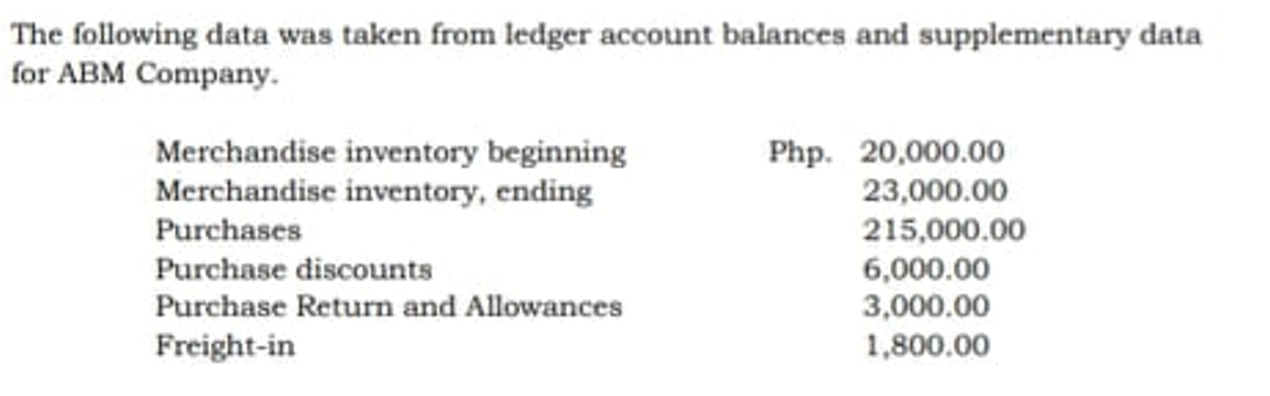 The following data was taken from ledger account balances and supplementary data
for ABM Company.
Merchandise inventory beginning
Merchandise inventory, ending
Php. 20,000.00
23,000.00
Purchases
215,000.00
6,000.00
3,000.00
1,800.00
Purchase discounts
Purchase Return and Allowances
Freight-in
