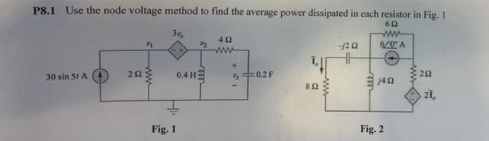 P8.1 Use the node voltage method to find the average power dissipated in each resistor in Fig. 1
62
3r,
ww
6/0 A
ww
30 sin St A.
2Ω
0.4 H3
0.2 F
j42
21,
Fig. 1
Fig. 2
ww
ww
