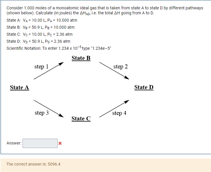 Consider 1.000 moles of a monoatomic ideal gas that is taken from state A to state D by different pathways
(shown below). Calculate (in joules) the AHAD, i.e. the total AH going from A to D.
State A: VA = 10.00 L, PA = 10.000 atm
State B: VB = 50.9 L, PB = 10.000 atm
State C: Vc = 10.00 L, Pc = 2.36 atm
State D: VD = 50.9 L, PD = 2.36 atm
Scientific Notation: To enter 1.234 x 10-5 type "1.234e-5"
State B
step 1
step 2
State A
State D
step 3
step 4
State C
Answer:
The correct answer is: 5096.4
