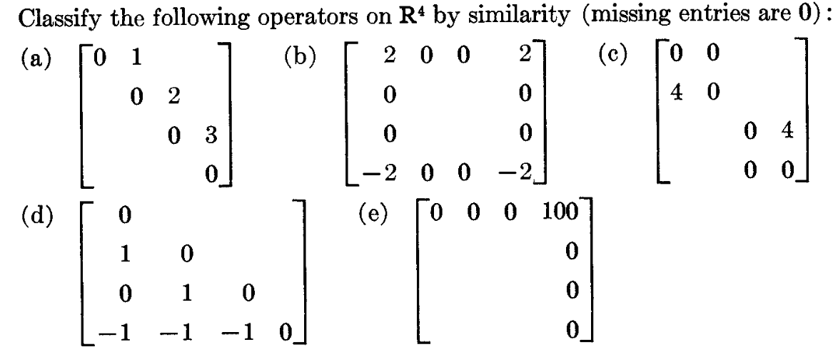 Classify the following operators on R4 by similarity (missing entries are 0):
(a) 01
2002 (c) 0
0
0
NEIT
-2 0 0
(e) 0 0 0 100
0
0
0
(d)
02
0 3
1 0
0
-1
(b)
1 0
-1 -1 0
40
0 4
00