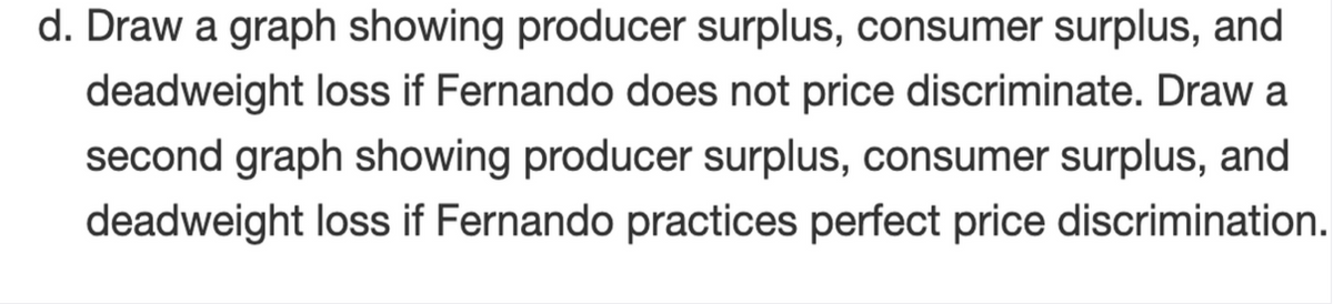 d. Draw a graph showing producer surplus, consumer surplus, and
deadweight loss if Fernando does not price discriminate. Draw a
second graph showing producer surplus, consumer surplus, and
deadweight loss if Fernando practices perfect price discrimination.
