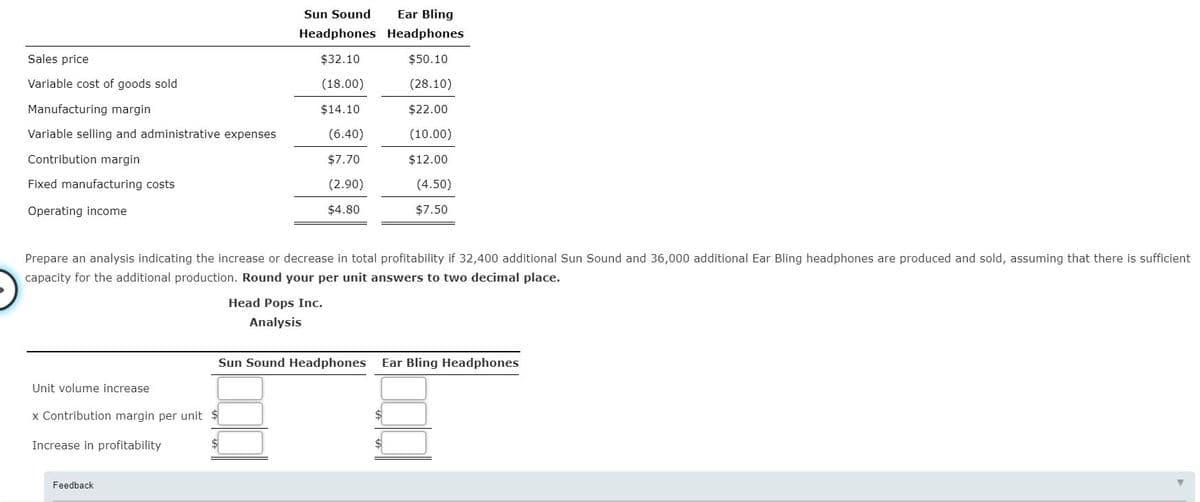 Sun Sound
Ear Bling
Headphones Headphones
Sales price
$32.10
$50.10
Variable cost of goods sold
(18.00)
(28.10)
Manufacturing margin
$14.10
$22.00
Variable selling and administrative expenses
(6.40)
(10.00)
Contribution margin
$7.70
$12.00
Fixed manufacturing costs
(2.90)
(4.50)
Operating income
$4.80
$7.50
Prepare an analysis indicating the increase or decrease in total profitability if 32,400 additional Sun Sound and 36,000 additional Ear Bling headphones are produced and sold, assuming that there is sufficient
capacity for the additional production. Round your per unit answers to two decimal place.
Head Pops Inc.
Analysis
Sun Sound Headphones
Ear Bling Headphones
Unit volume increase
x Contribution margin per unit
Increase in profitability
$
Feedback
