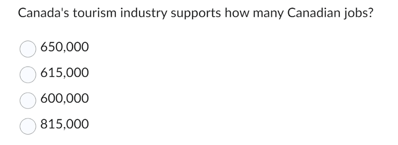 Canada's tourism industry supports how many Canadian jobs?
650,000
615,000
600,000
815,000