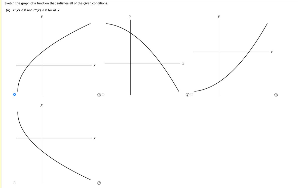 Sketch the graph of a function that satisfies all of the given conditions.
(a) f'(x) < 0 and f"(x) < 0 for all x
y
y
y
X
y
