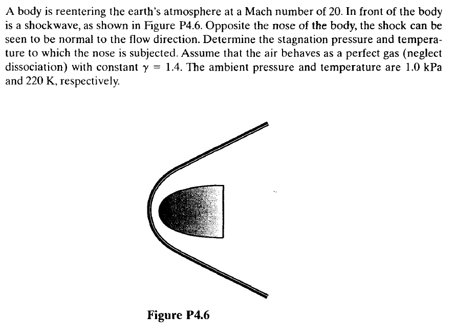 A body is reentering the earth's atmosphere at a Mach number of 20. In front of the body
is a shockwave, as shown in Figure P4.6. Opposite the nose of the body, the shock can be
seen to be normal to the flow direction. Determine the stagnation pressure and tempera-
ture to which the nose is subjected. Assume that the air behaves as a perfect gas (neglect
dissociation) with constant y = 1.4. The ambient pressure and temperature are 1.0 kPa
and 220 K, respectively.
Figure P4.6
