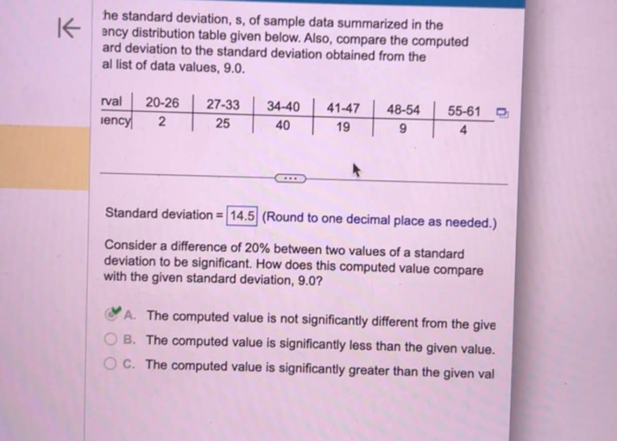 K
he standard deviation, s, of sample data summarized in the
ency distribution table given below. Also, compare the computed
ard deviation to the standard deviation obtained from the
al list of data values, 9.0.
rval
iency 2
20-26 27-33
25
34-40
40
41-47
19
48-54
9
55-61 0
4
Standard deviation = 14.5 (Round to one decimal place as needed.)
Consider a difference of 20% between two values of a standard
deviation to be significant. How does this computed value compare
with the given standard deviation, 9.0?
A. The computed value is not significantly different from the give
B. The computed value is significantly less than the given value.
OC. The computed value is significantly greater than the given val