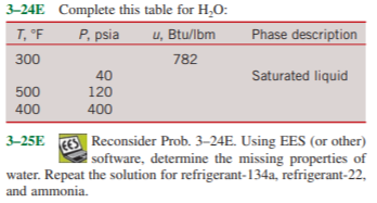 3-24E Complete this table for H,O:
T, °F
P, psia
u, Btu/lbm
Phase description
300
782
40
120
Saturated liquid
500
400
400
S Reconsider Prob. 3-24E. Using EES (or other)
software, determine the missing properties of
water. Repeat the solution for refrigerant-134a, refrigerant-22,
3–25E
and ammonia.
