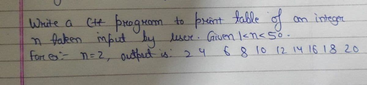 Ct progrom to þxint fable of
n faken mput by user Given I<n<5%.
for - n=2, outpect is 2q
Write a
an integer
6810 12 14 16 18 20
