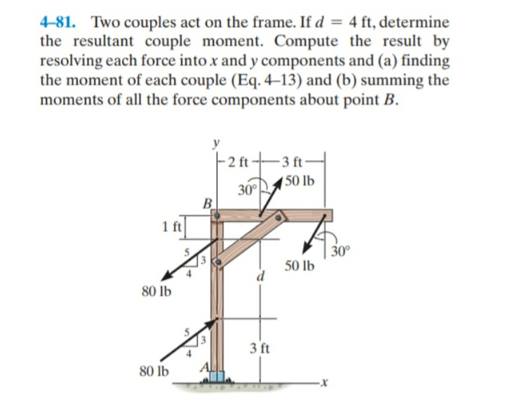 4-81. Two couples act on the frame. If d = 4 ft, determine
the resultant couple moment. Compute the result by
resolving each force into x and y components and (a) finding
the moment of each couple (Eq. 4–13) and (b) summing the
moments of all the force components about point B.
-2 ft
3 ft
| 50 lb
30°
B
1 ft
| 30°
50 lb
80 lb
3 ft
80 lb
