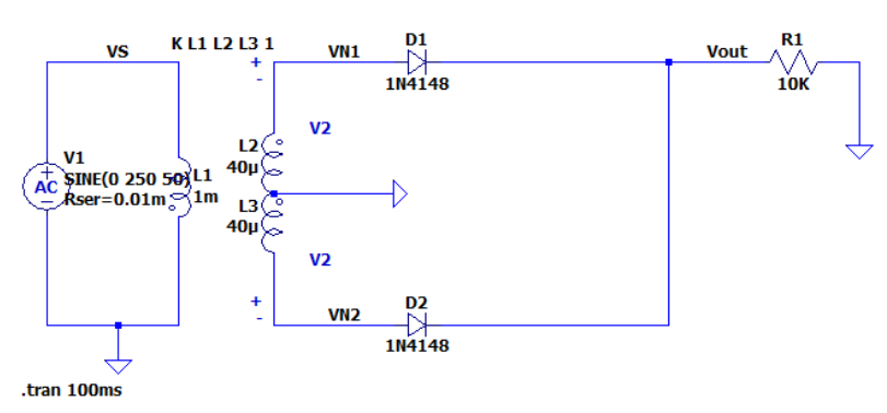 K L1 L2 L3 1
D1
R1
vs
VN1
Vout
1N4148
10K
V2
L2
40μ
v1
ŞINE(O 250 50}L1
AC
kser=0.01m 1m
L3
40µ
V2
D2
VN2
IN4148
.tran 100ms
