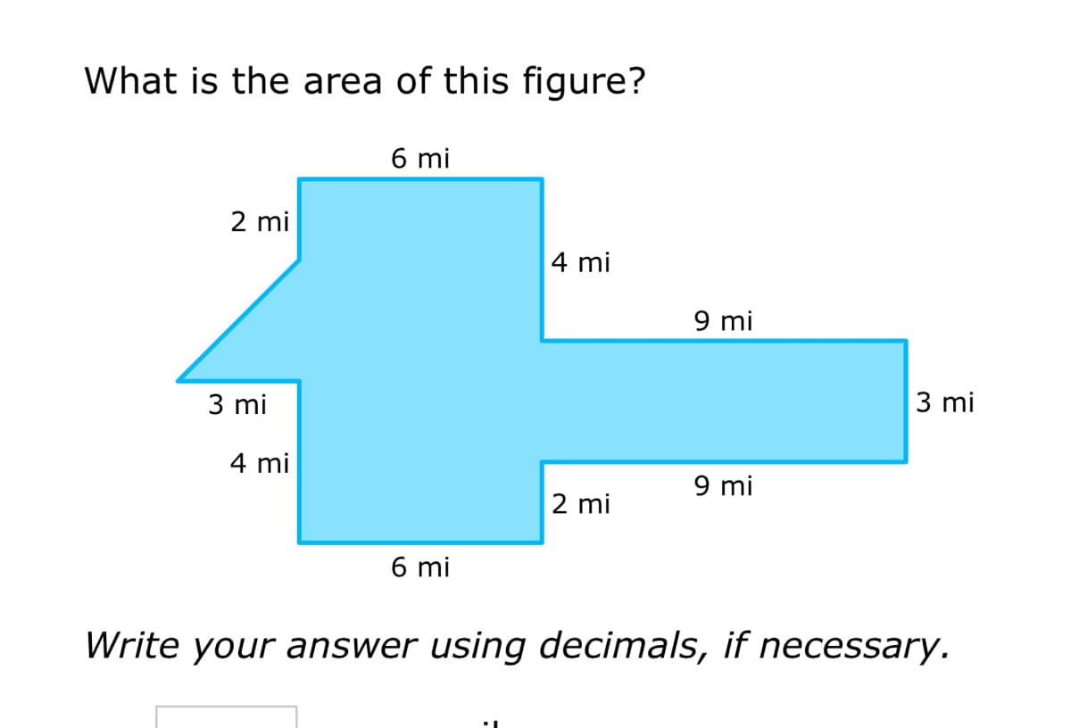 What is the area of this figure?
2 mi
3 mi
4 mi
6 mi
6 mi
4 mi
2 mi
9 mi
9 mi
3 mi
Write your answer using decimals, if necessary.