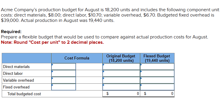 Acme Company's production budget for August is 18,200 units and includes the following component unit
costs: direct materials, $8.00; direct labor, $10.70; variable overhead, $6.70. Budgeted fixed overhead is
$39,000. Actual production in August was 19,440 units.
Required:
Prepare a flexible budget that would be used to compare against actual production costs for August.
Note: Round "Cost per unit" to 2 decimal places.
Direct materials
Direct labor
Variable overhead
Fixed overhead
Total budgeted cost
Cost Formula
Original Budget
(18,200 units)
$
0
Flexed Budget
(19,440 units)
$
0